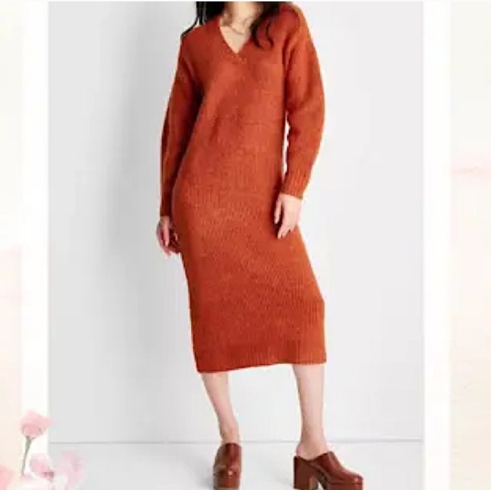 FUTURE COLLECTIVE x REESE BLUTSTEIN Rust Knit Midi Sweater Dress Long Sleeve